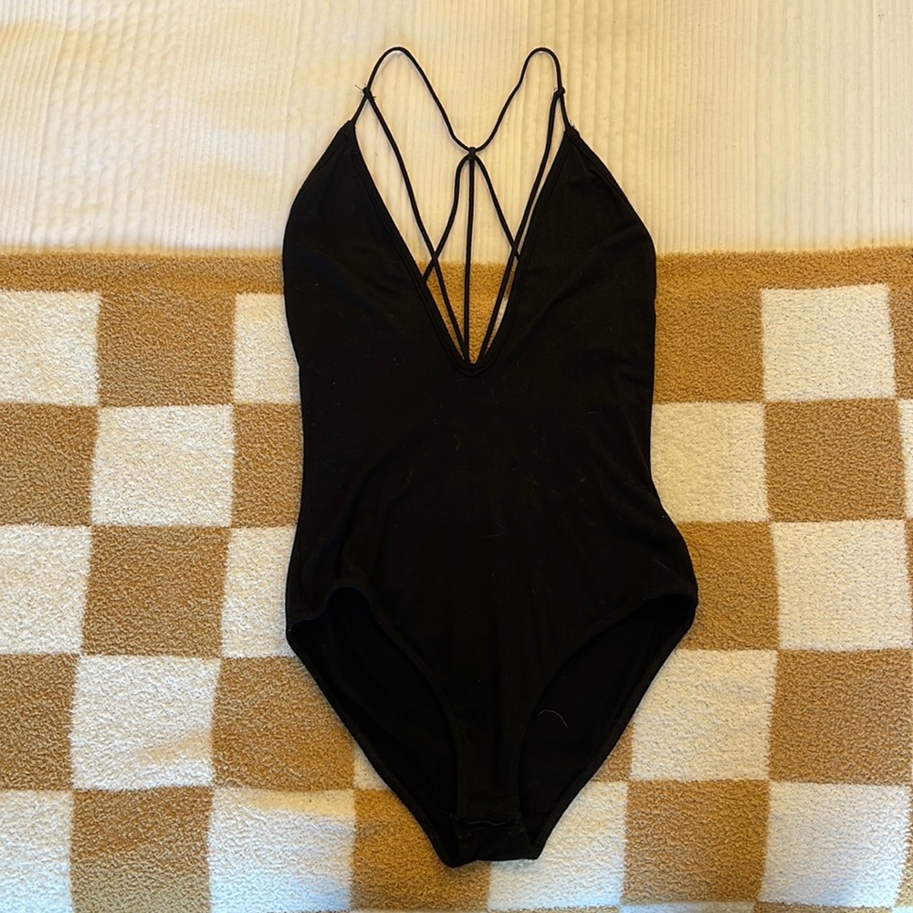 Black strappy v neck bodysuit